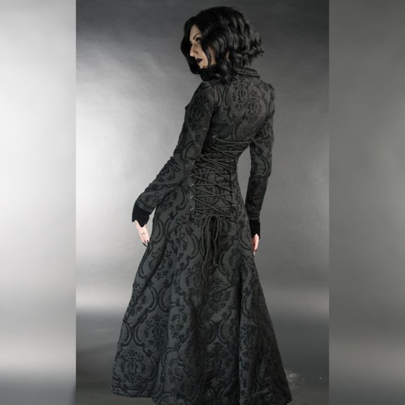 New Brocade Full Length Pocket Frog Clasp Velvet Cuff Coat Black - Picture 2 of 7